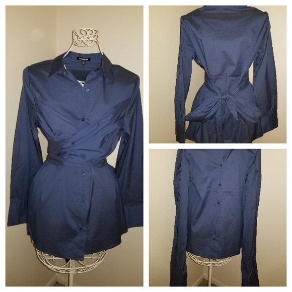 Express Tops - Express Blue Wrap Poplin Shirt